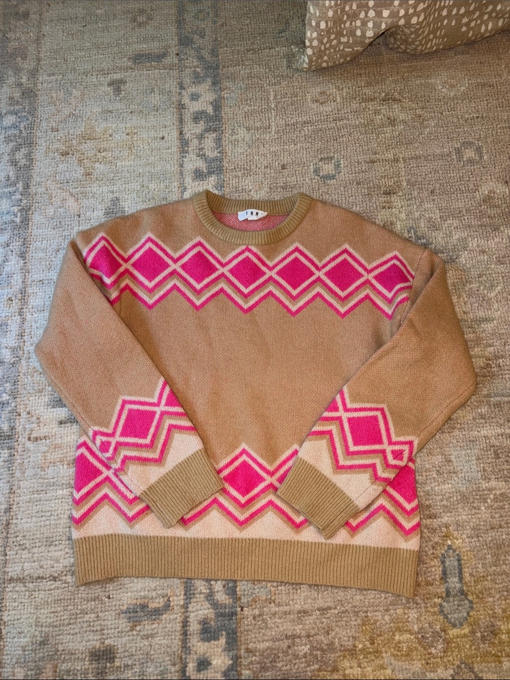 THML Men's Tan Crewneck Sweater with Pink Geometric Pattern